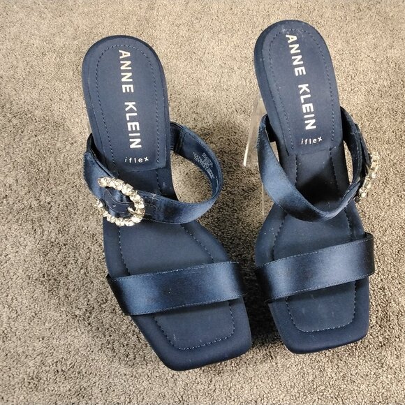 Anne Klein iFlex Josie Heeled Sandals Womens 5.5 M Navy Blue Satin Rhinestone - Picture 1 of 13